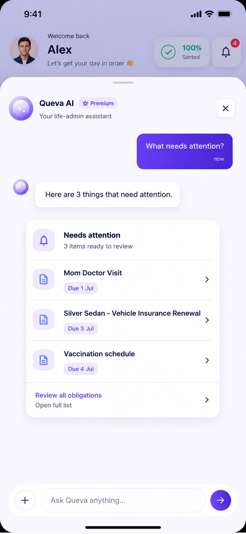 RemindQue Queva AI assistant screen
