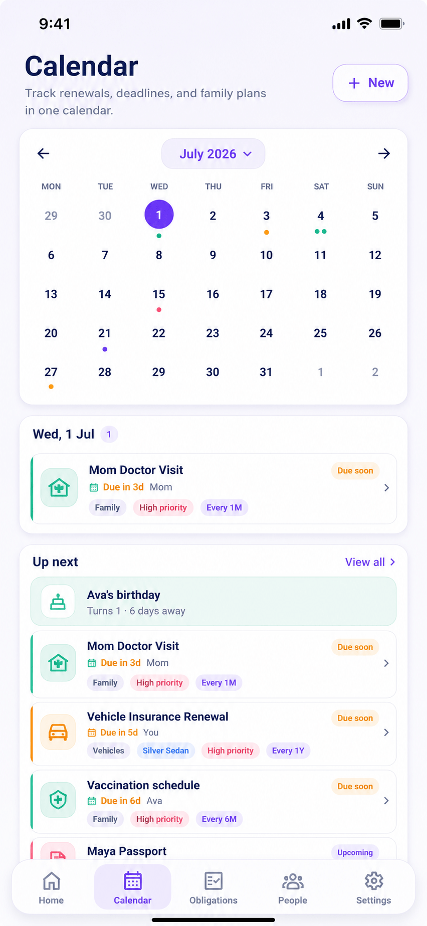 RemindQue calendar screen