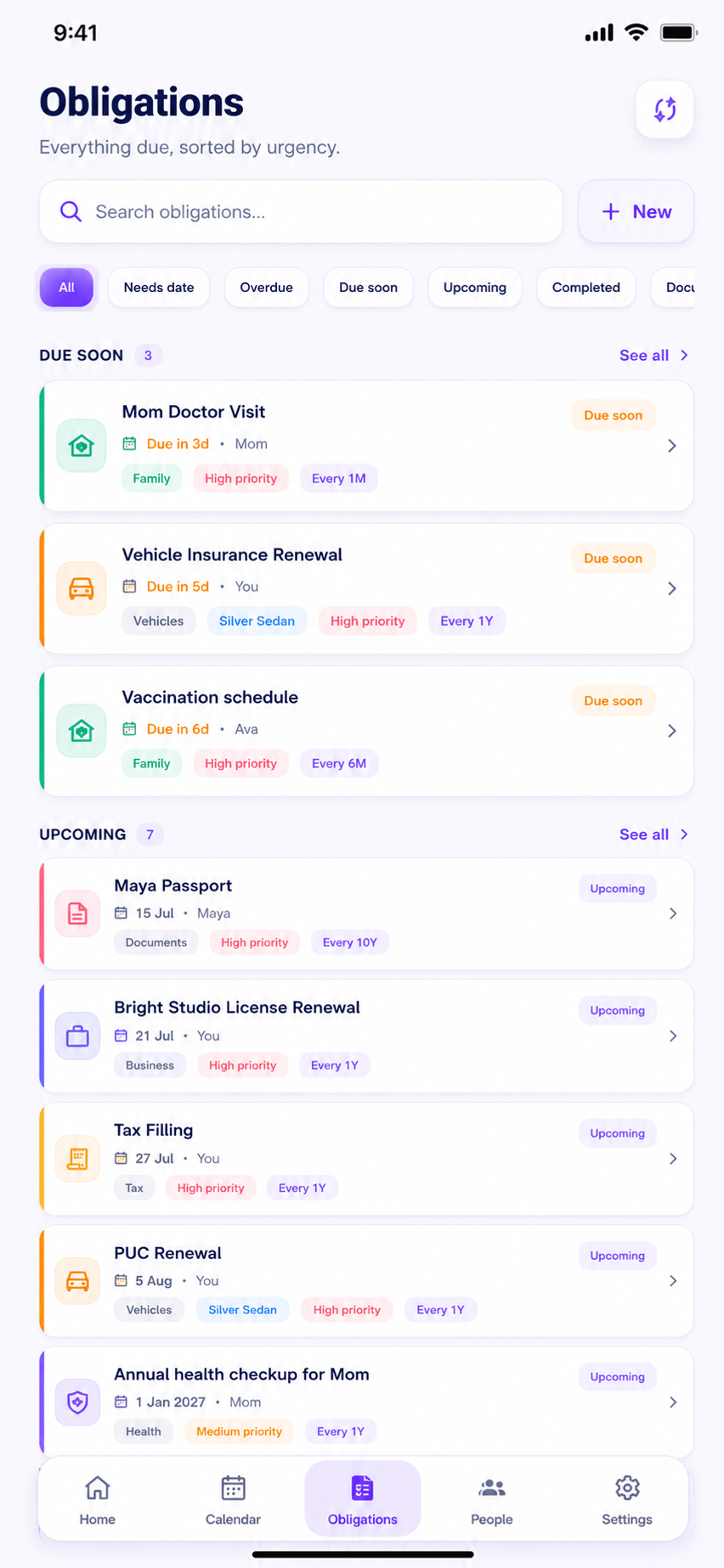 RemindQue obligations screen